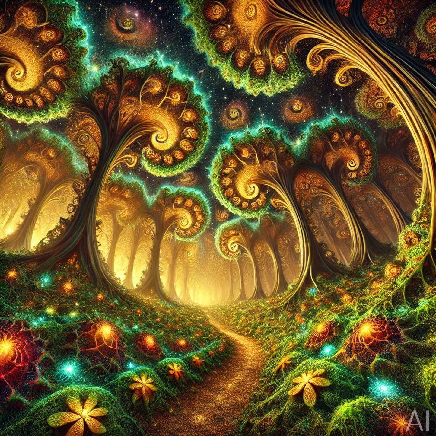 Golden Forest Tree Fractals – USB + Digital Download (5 Abstract Nature-Inspired JPG Art Prints)