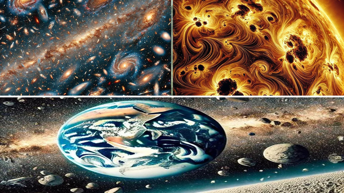 Galactic spiral art, molten solar fractals, and warped Earth planetscape – cosmic AI art bundle preview