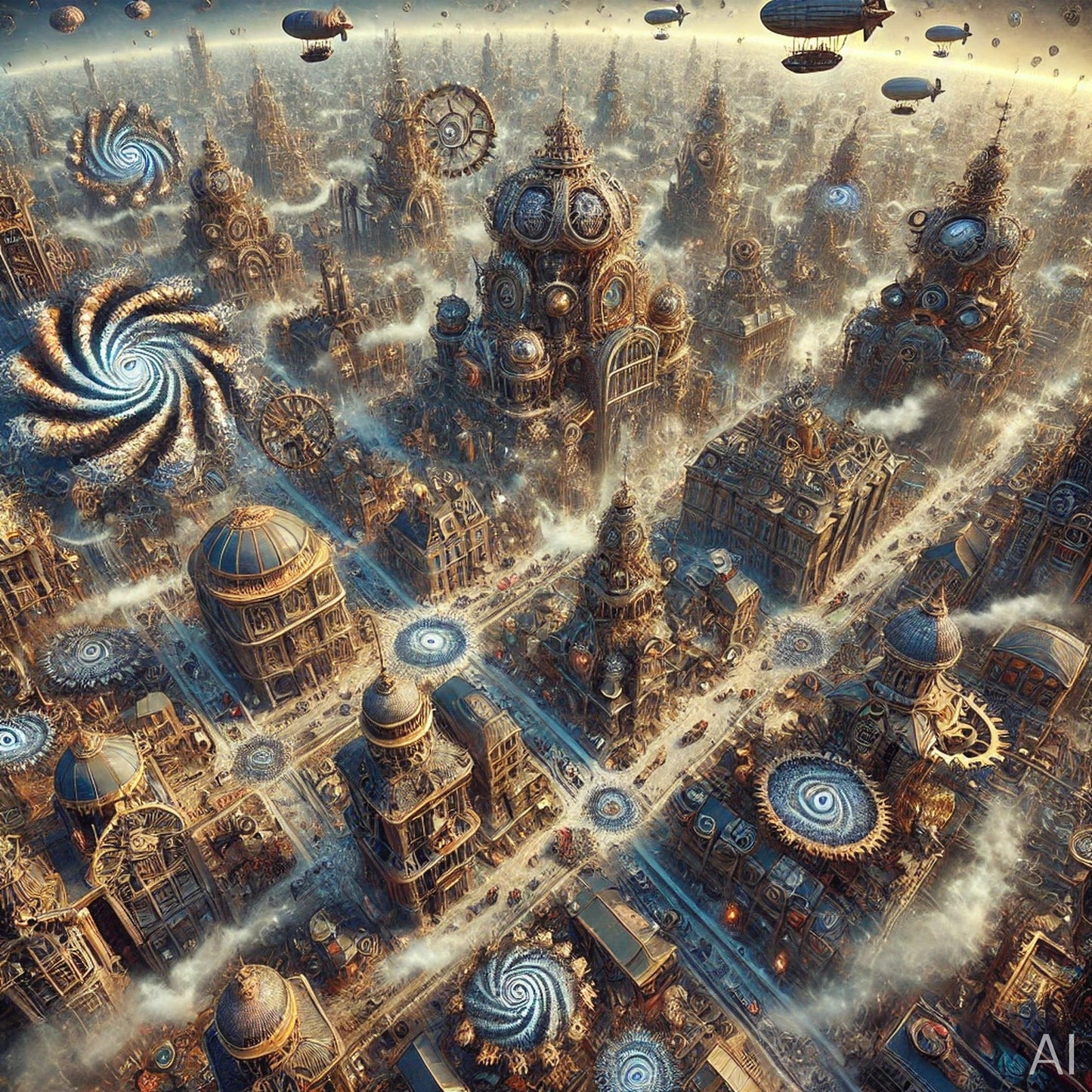 Steampunk Hot Air Balloon City – 5 Retro-Futurist Digital Art Prints (High-Resolution ZIP Download)
