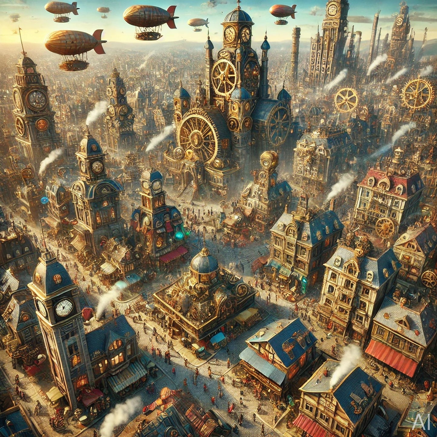 Steampunk Hot Air Balloon City – 5 Retro-Futurist Digital Art Prints (High-Resolution ZIP Download)