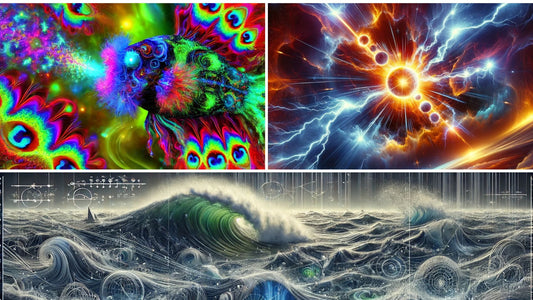 AI-generated psychedelic fish, cosmic explosion, and fractal storm ocean – part of 500-image USB archive