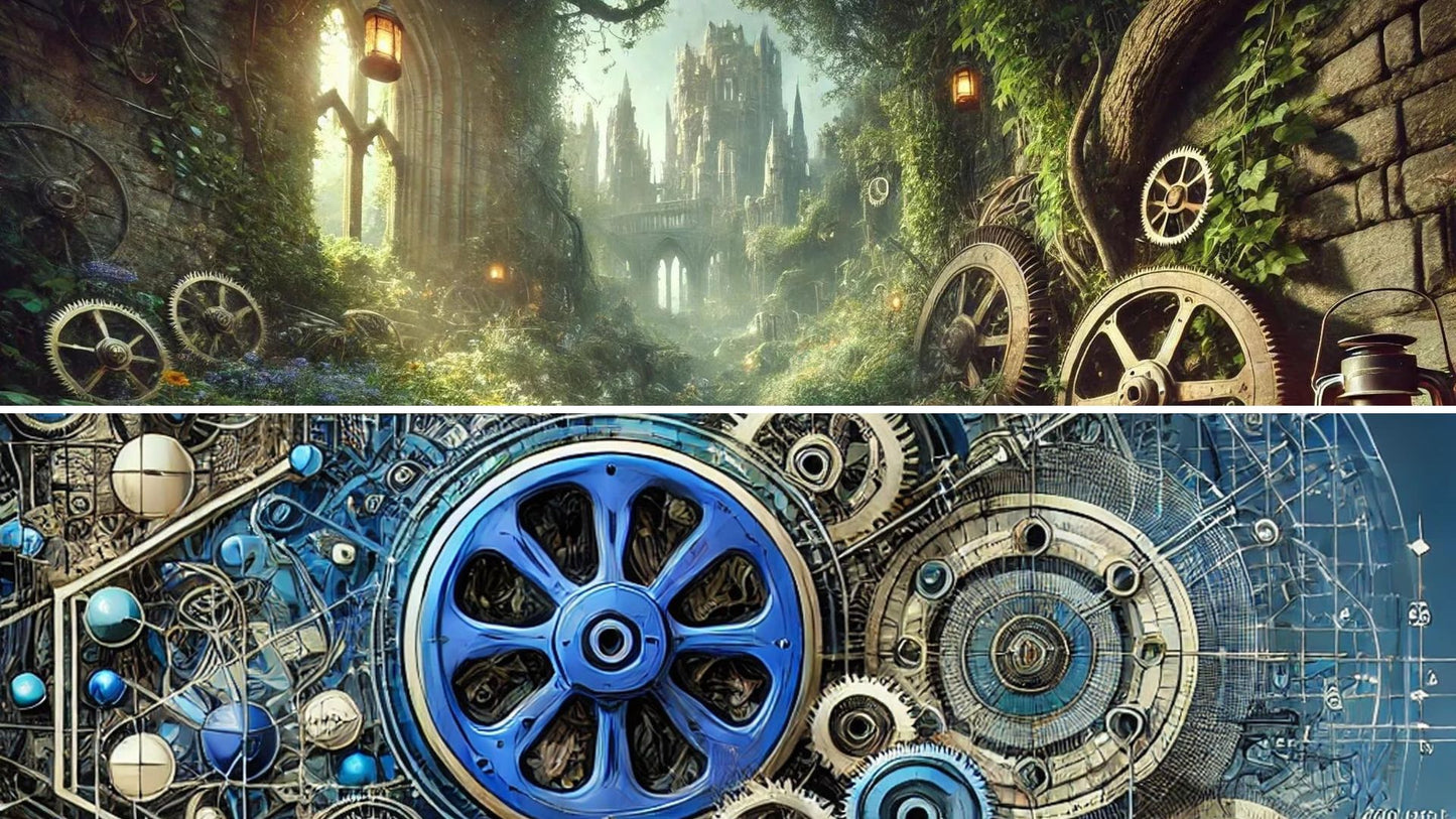 Steampunk ruins, mossy gears, and fantasy cathedral overgrowth – retro-futurist AI art collection