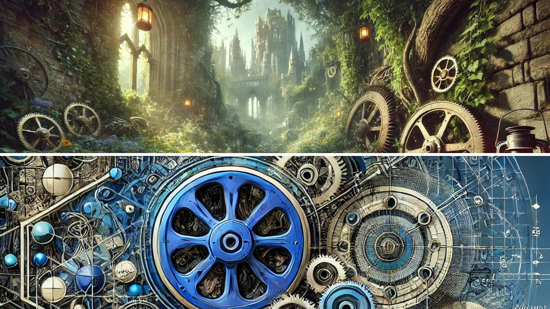 Steampunk ruins, mossy gears, and fantasy cathedral overgrowth – retro-futurist AI art collection