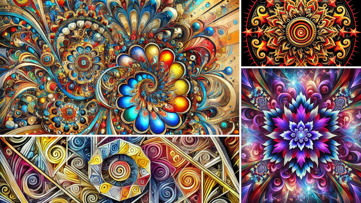 Intricate mandala spirals, kaleidoscopic geometry, and AI fractal flower patterns – Vault Edition art