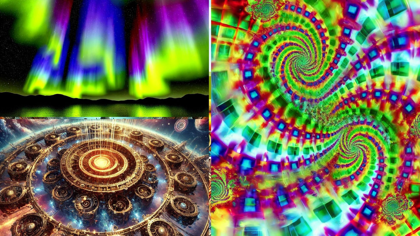 Northern lights, technicolor fractal tunnel, and galactic machine mandala – AI Gallery Vault USB preview