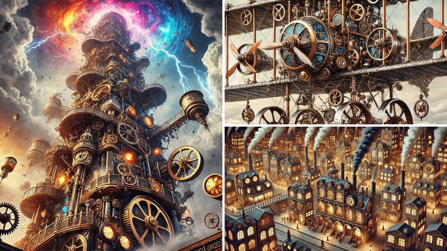 AI-rendered steampunk tower, gear-driven airship, and factory town – Collector’s Vault Edition USB