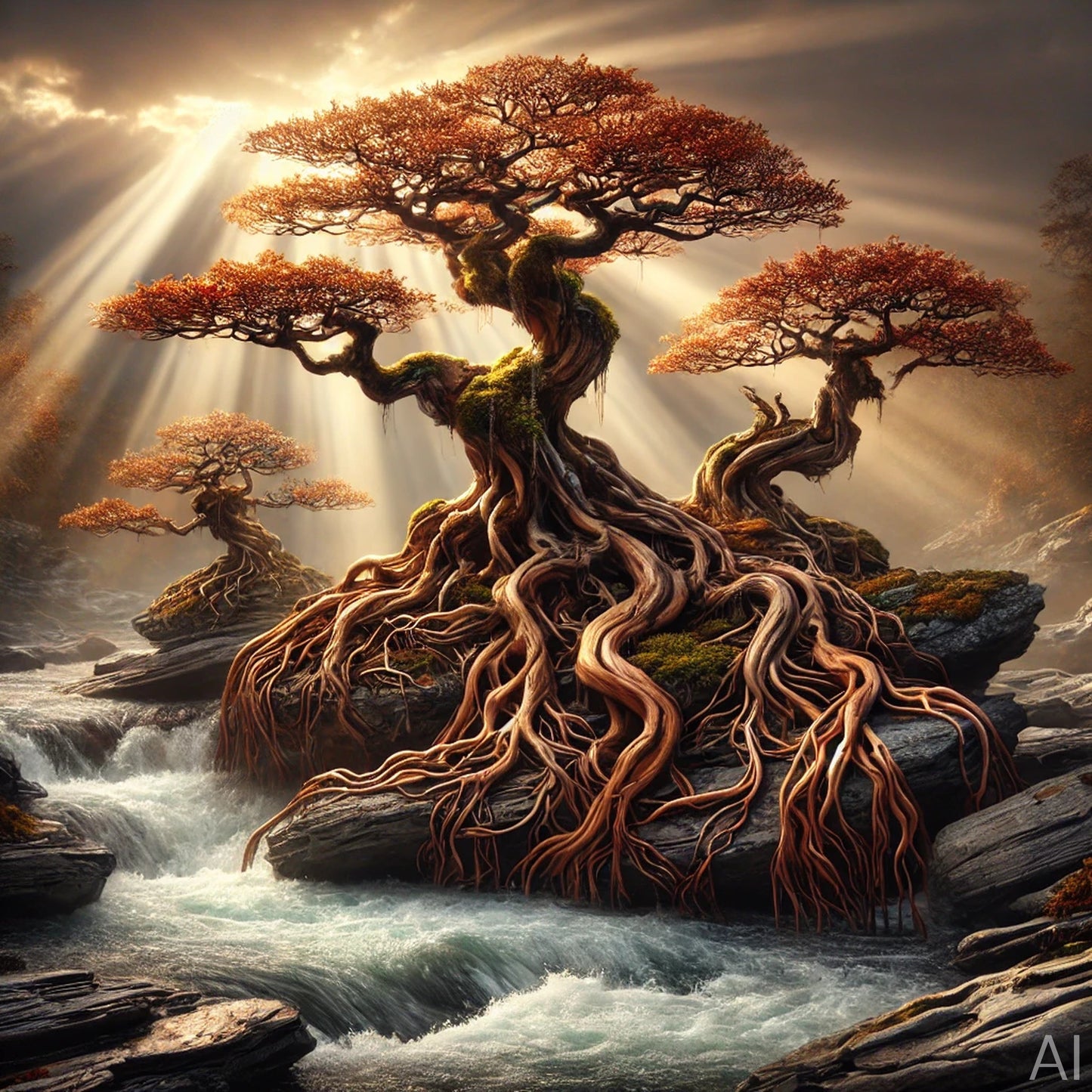 Bonsai Serenity – 5 Surreal Tree & Waterfall JPG Artworks (ZIP Download)
