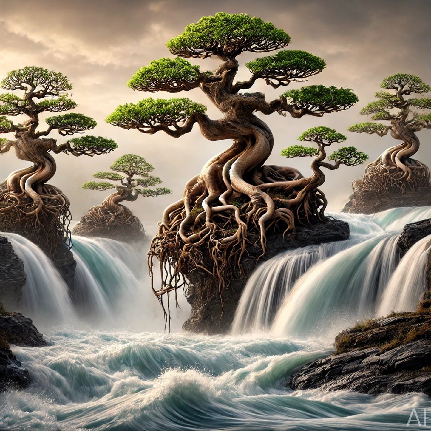 Bonsai Serenity – 5 Surreal Tree & Waterfall JPG Artworks (ZIP Download)