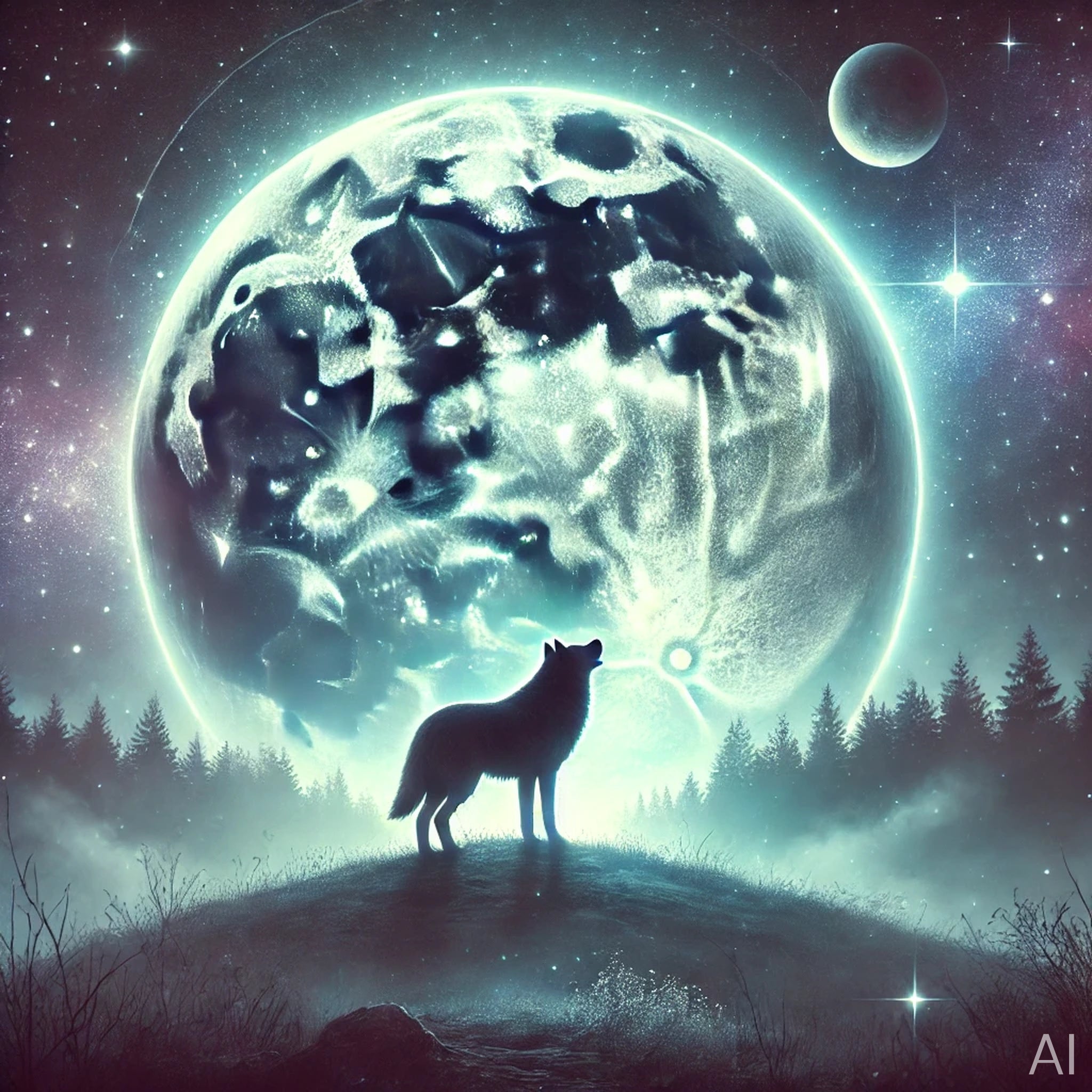 Wolf Full Moon – 5 Celestial Digital Art Prints – AI Gallery Art